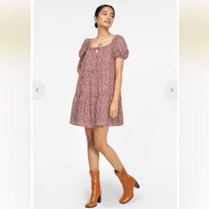 NWT LACAUSA Playa Crinkly Organic Cotton Mini Dress in Cocoa Mushroom Size Small